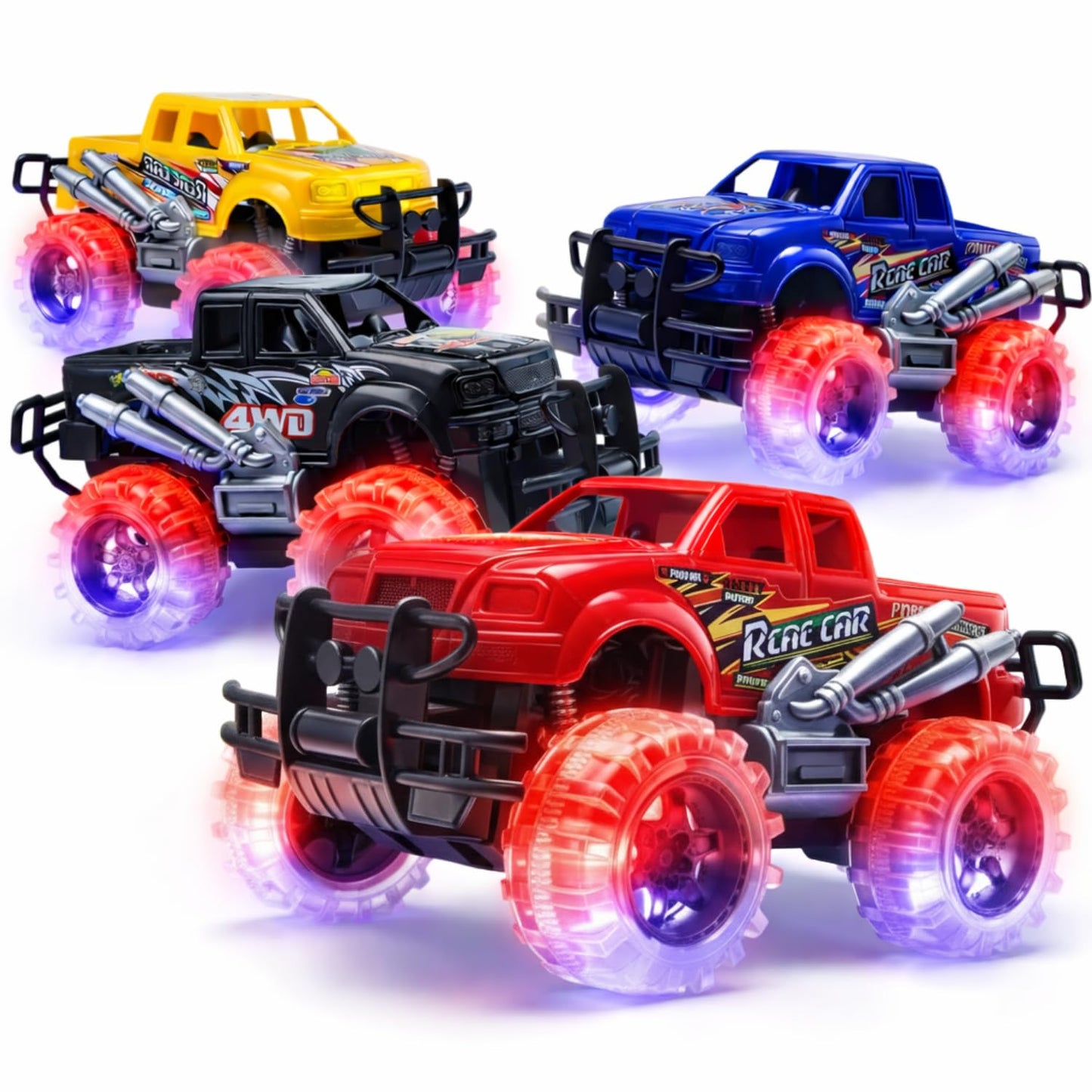 ArtCreativity Light Up Monster Trucks for Boys and Girls, 4-Pack Toy Truck Set, Monster Trucks for Boys 3 4 5 6 7 8 Years Old, Toddler Monster Truck Toys, Light Up Trucks