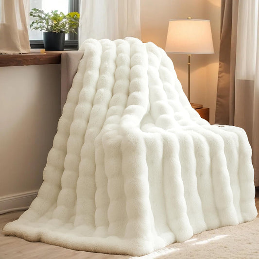 H&D Faux Fur Throw Blanket for Couch,Fluffy Cozy Soft Plush Luxury Thick Fuzzy Fleece Blanket for Couch Bed Sofa Bedroom Living Room,Comfy Bubble Blanket(Ivory, Twin (60"x80"))