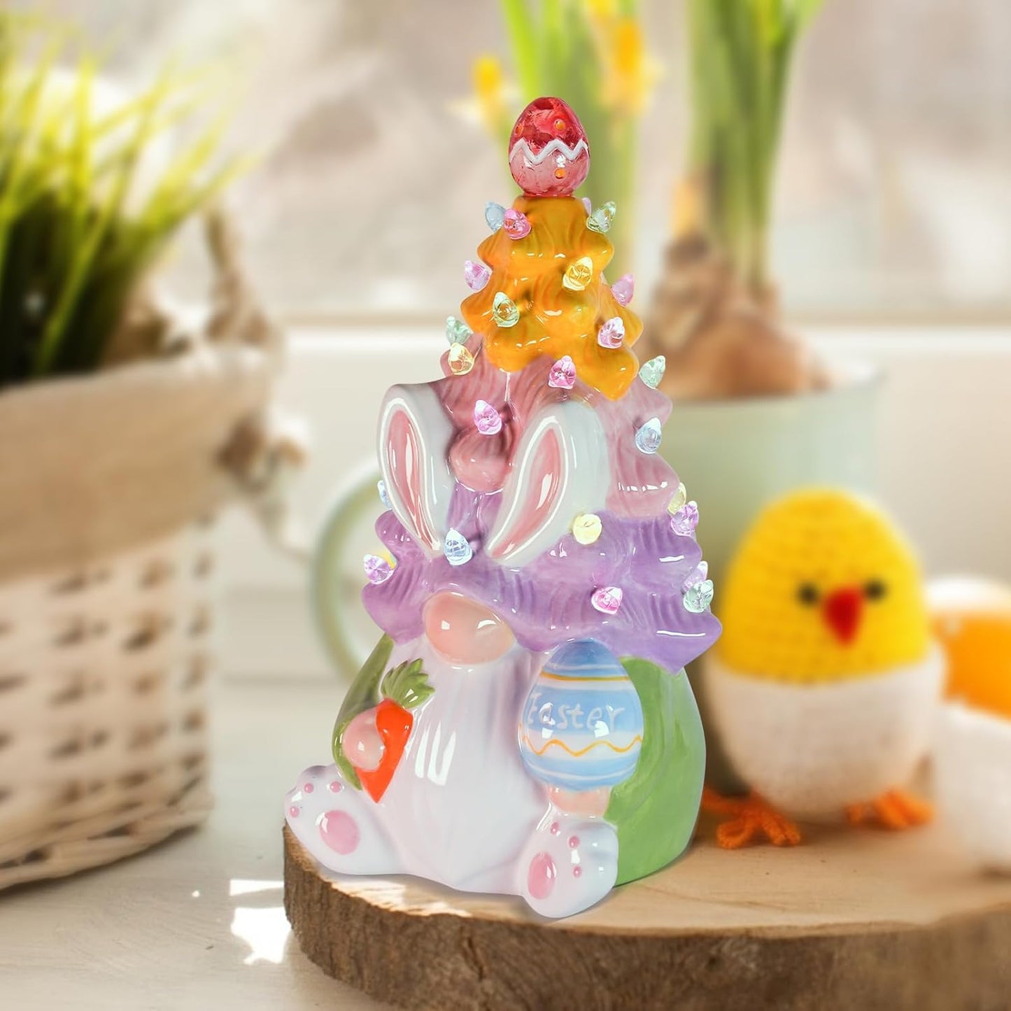 Timer Easter Decorations - Light Up Bunny & Gnome Ceramic Tree Decor for Spring Centerpieces