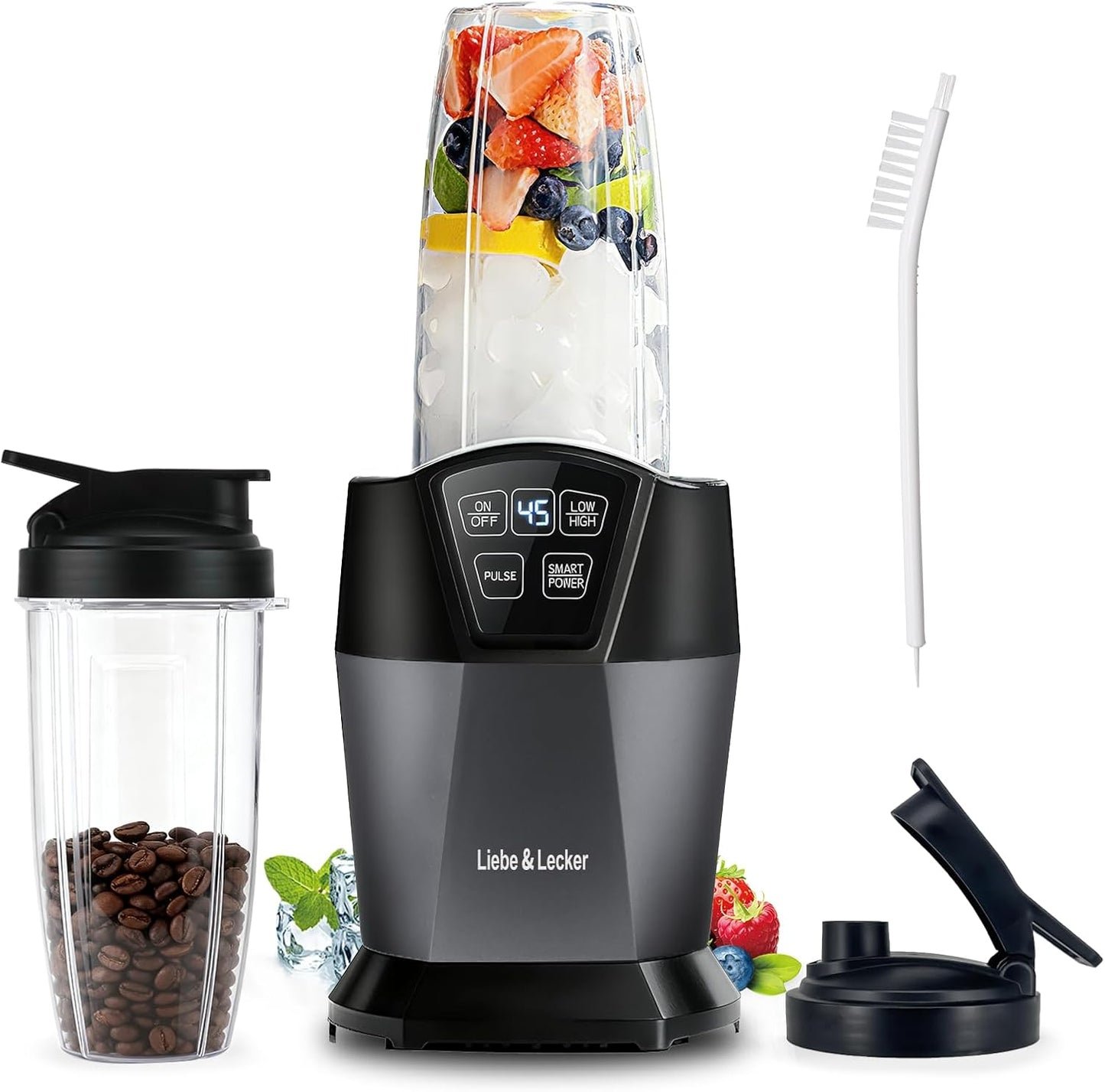 Liebe&Lecker Smoothie Blender - 1200 Peak Watts Personal Blender with 2 To-Go Cups & Solid Lid for Smoothies