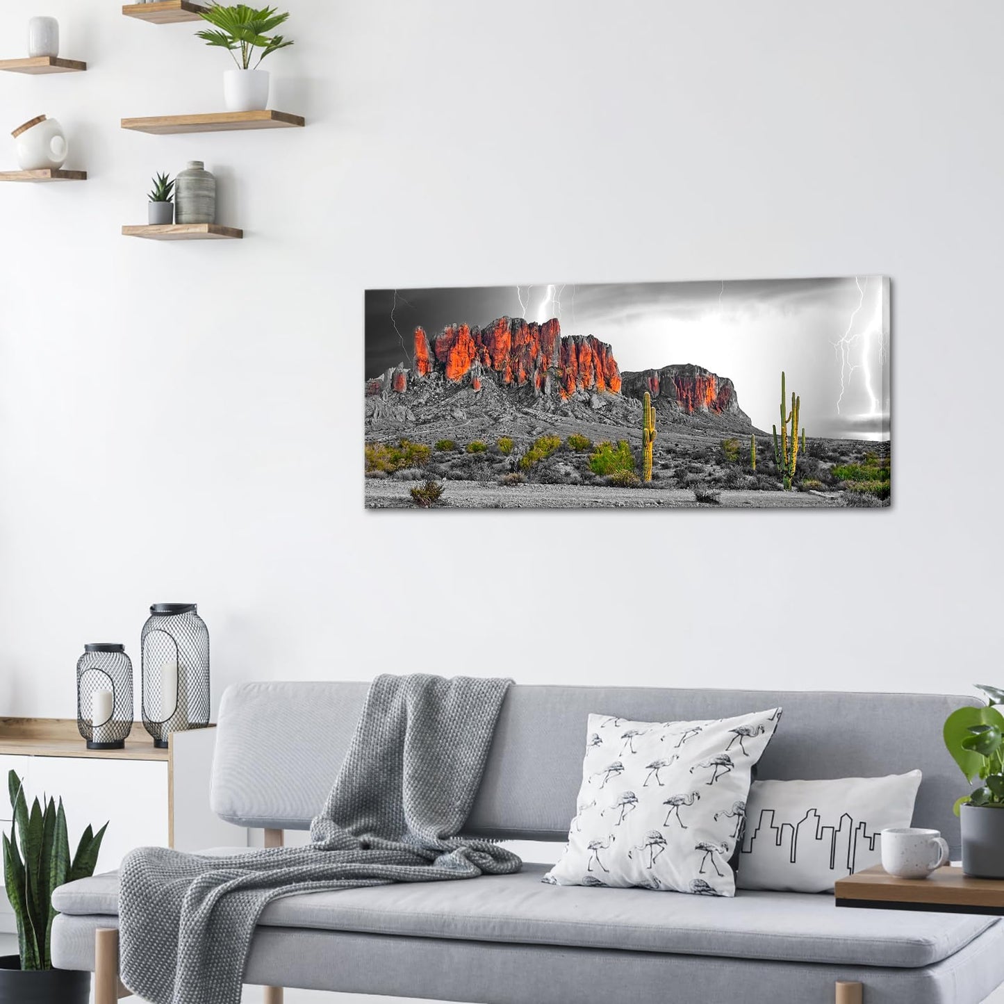 RnnJoile Cactus Landscape Wall Art Superstition Mountains Canvas Pictures Prints Desert Lightning Arizona Western Painting for Living Room Bedroom Home Decor Framed 20"x48"