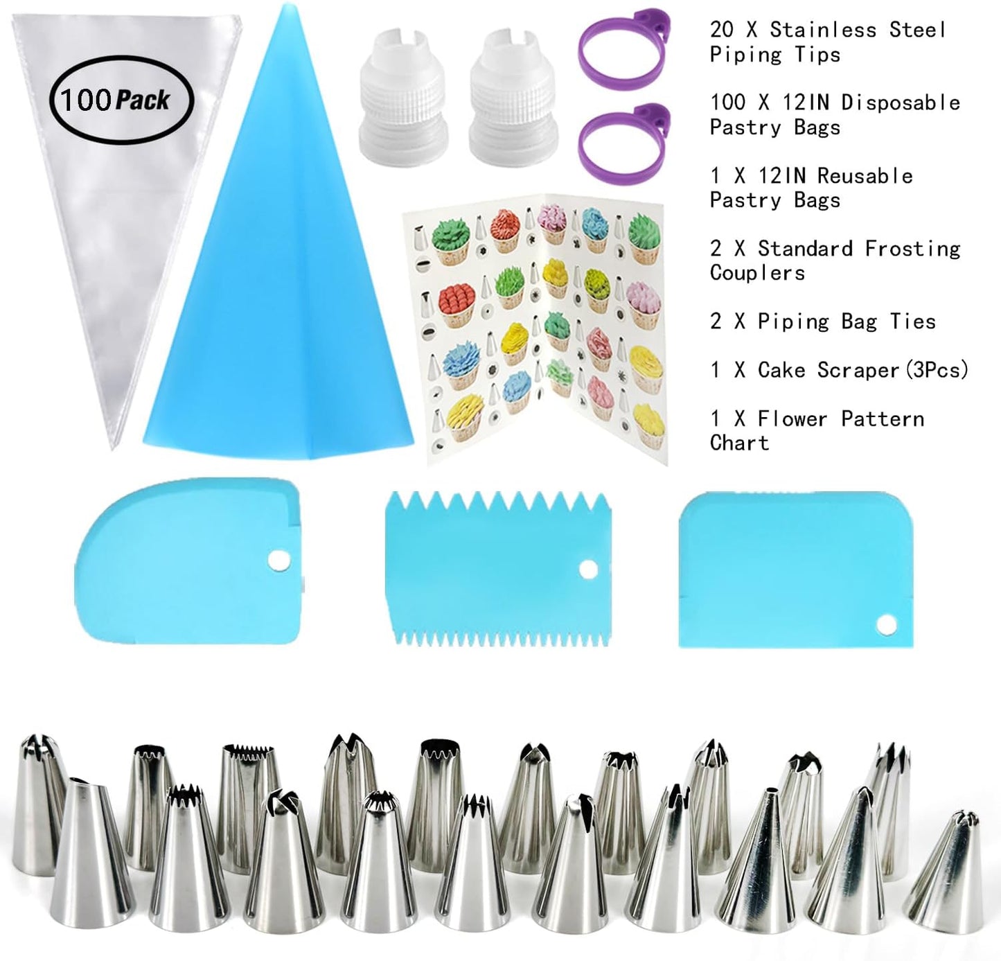 Skiennix 100PCS Piping Bags and Tips Set - 12 Inch Disposable Pastry Bags for Cake Decorating & Cookie Icing