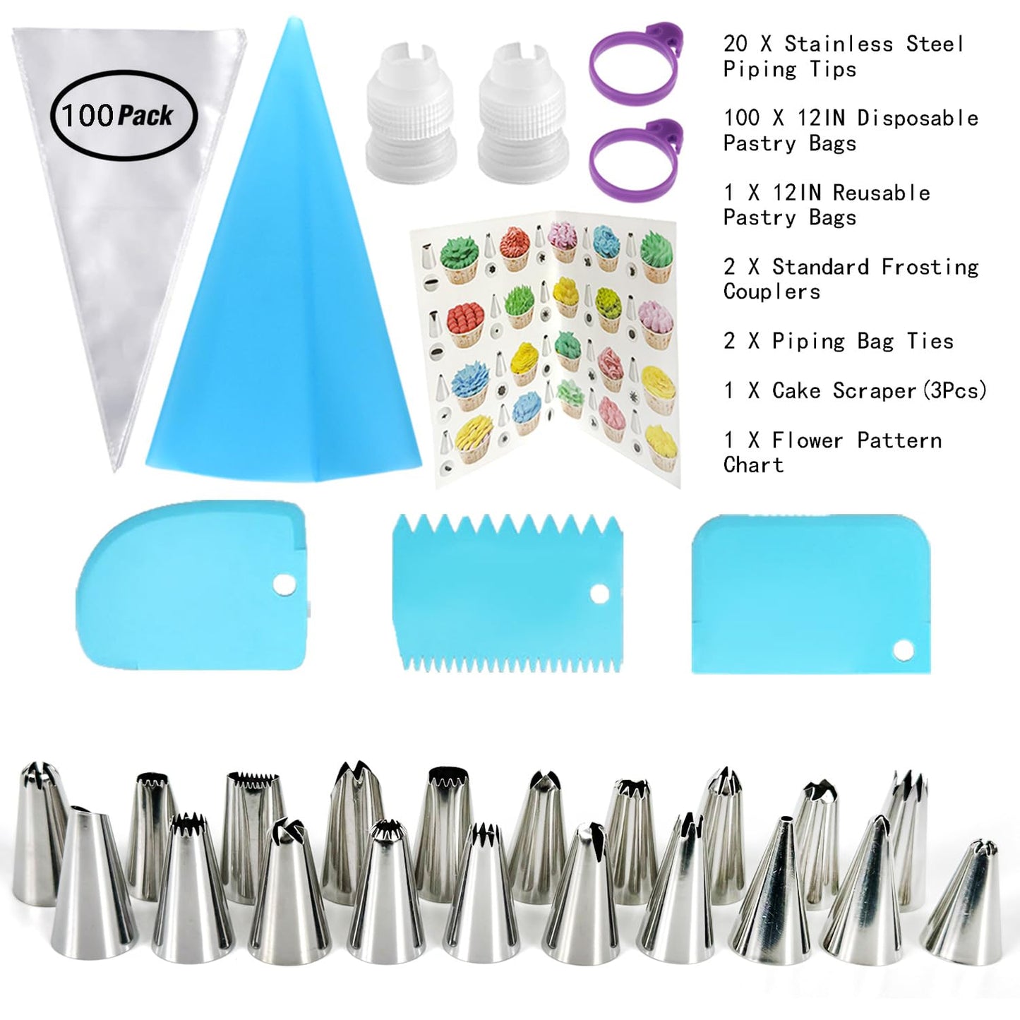 14 Inch Piping Bags and Tips Set - 100Pcs Disposable Pastry Bags with Tips for Cupcakes, Cookies, Frosting & Icing, Cake Decorating Tools with Frosting Nozzles Baking Supplies for Home, Kitchen Use