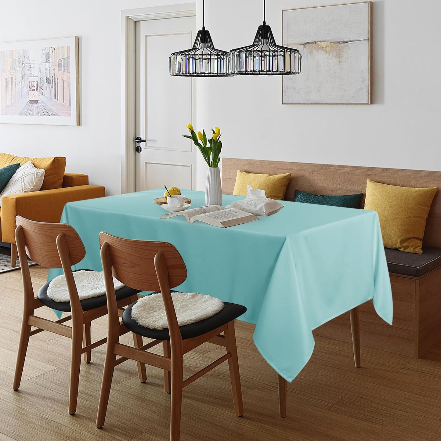 sancua Rectangle Tablecloth - 60 x 84 Inch - Stain and Wrinkle Resistant Washable Spring Table Cloth, Decorative Fabric Table Cover for Dining Tables, Buffet Parties and Camping, Turquoise
