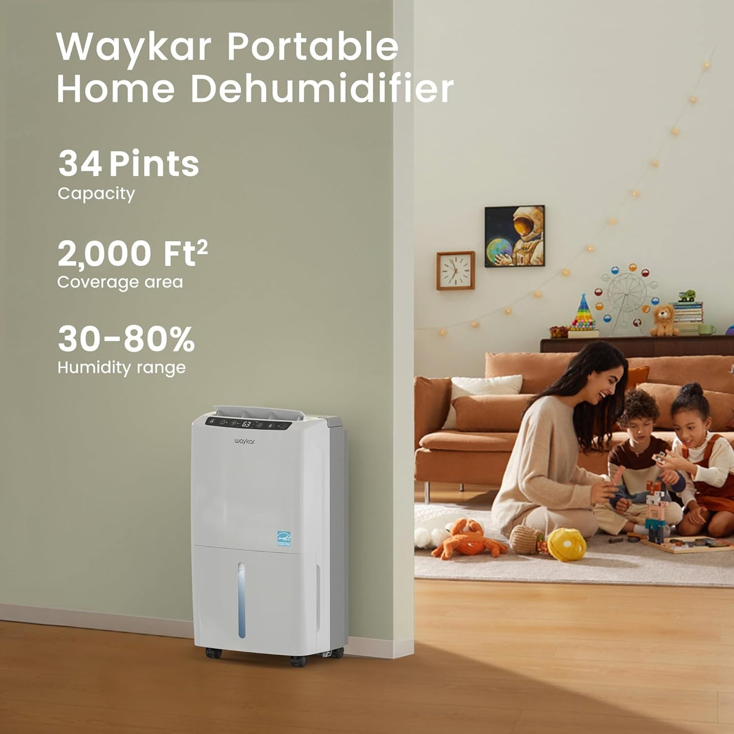 Waykar Dehumidifier - Energy Star 2000 Sq. Ft, 34 Pints, Quiet 33dB, Auto/Manual Drainage, 0.62 Gallon Tank