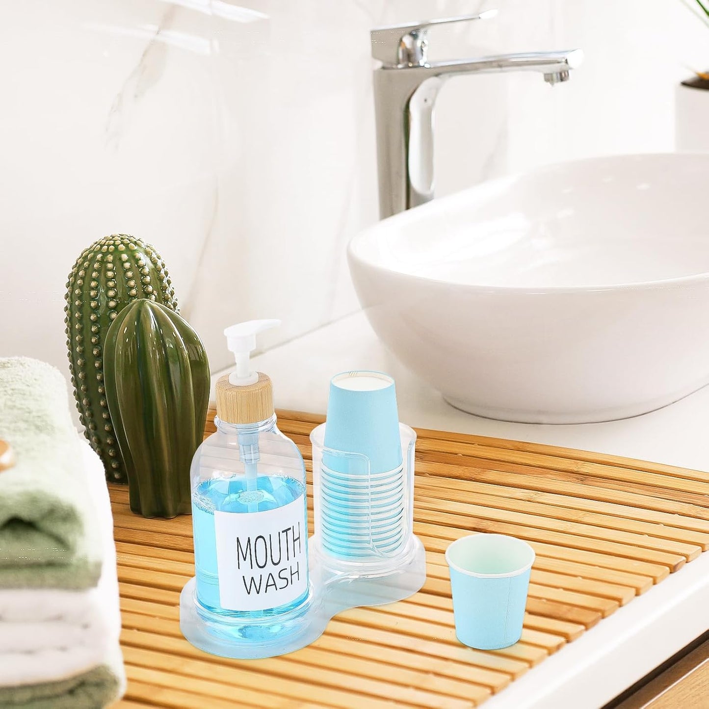 Skiennix Mouthwash Dispenser - 16oz Clear Plastic Bottle with Cup Holder & Tray for Bathroom