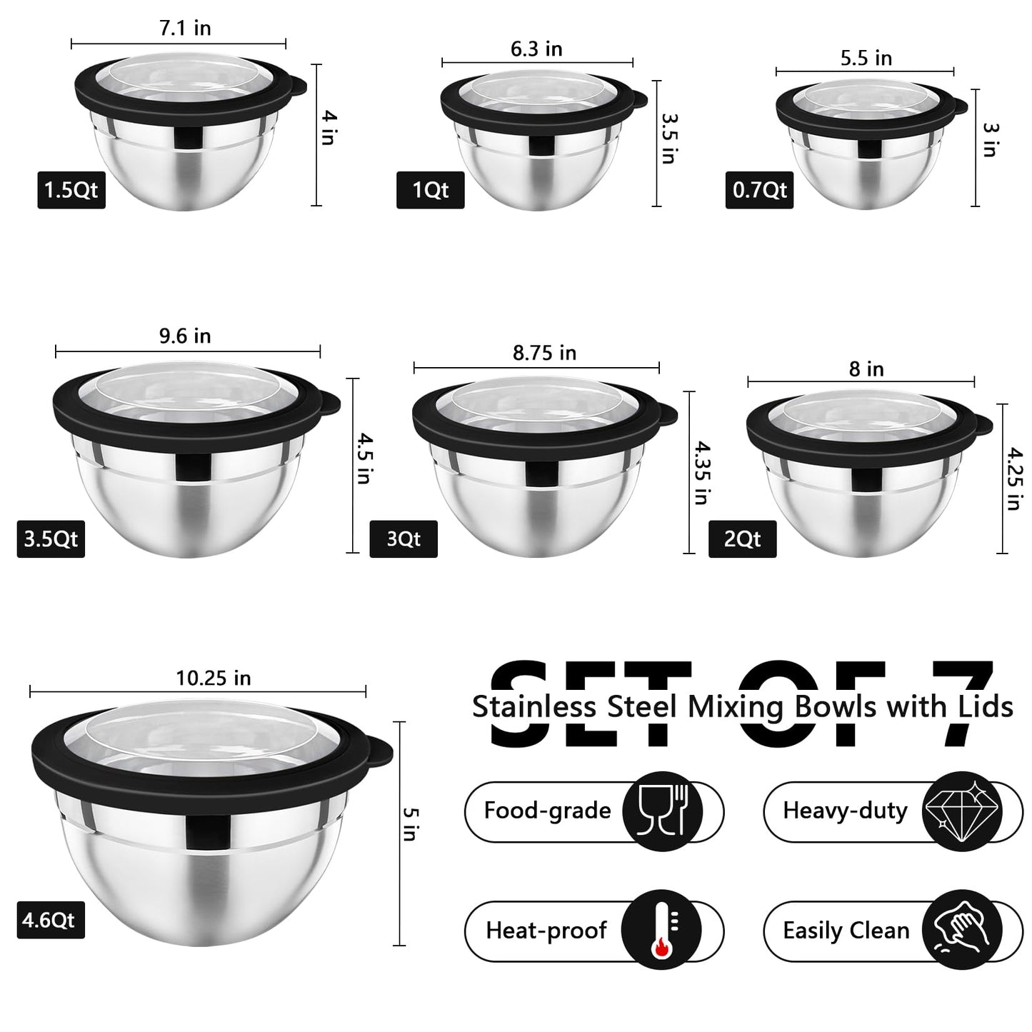 P&P CHEF Mixing Bowl with Lid Set of 7, Stainless Steel Nesting Salad Bowls for Cooking Serving Prepping, Clear Lids & Stackable Design, Size 4.6, 3.5, 3, 2, 1.5, 1, 0.7 Qt - Black