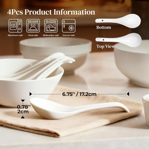 DOWAN Ceramic Soup Spoons - Large White Japanese Design for Ramen & Pho | Set of 4