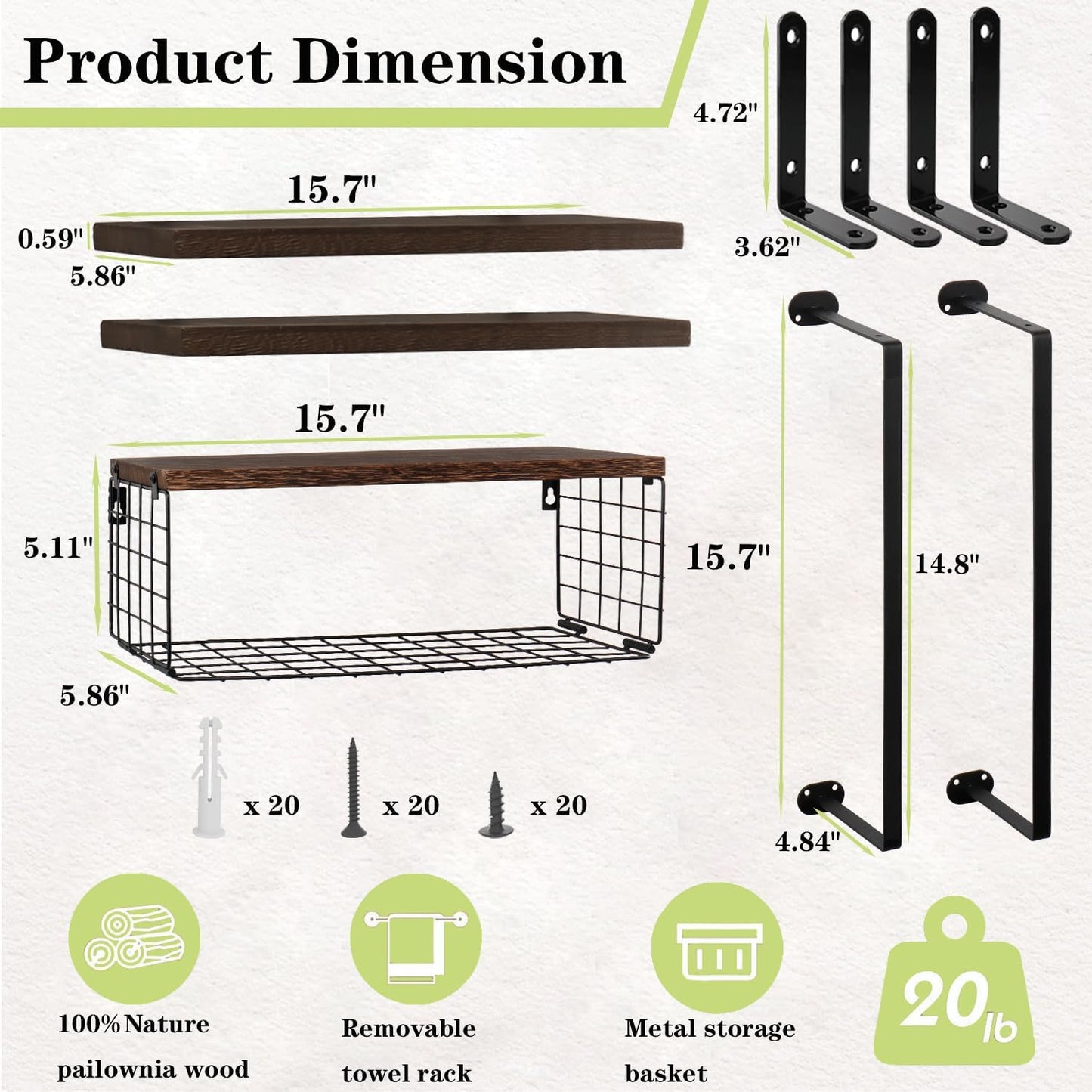 Skiennix Floating Shelves - Wall Mounted Bathroom Organizer with Storage Basket & Towel Rack | Dark Brown, Set of 4, 16 in