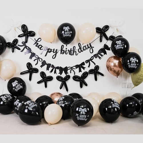 Bow Coquette Party Decorations - Happy Birthday Banner & Black Gold Bow Balloons | Heart Foil Balloons for Girls
