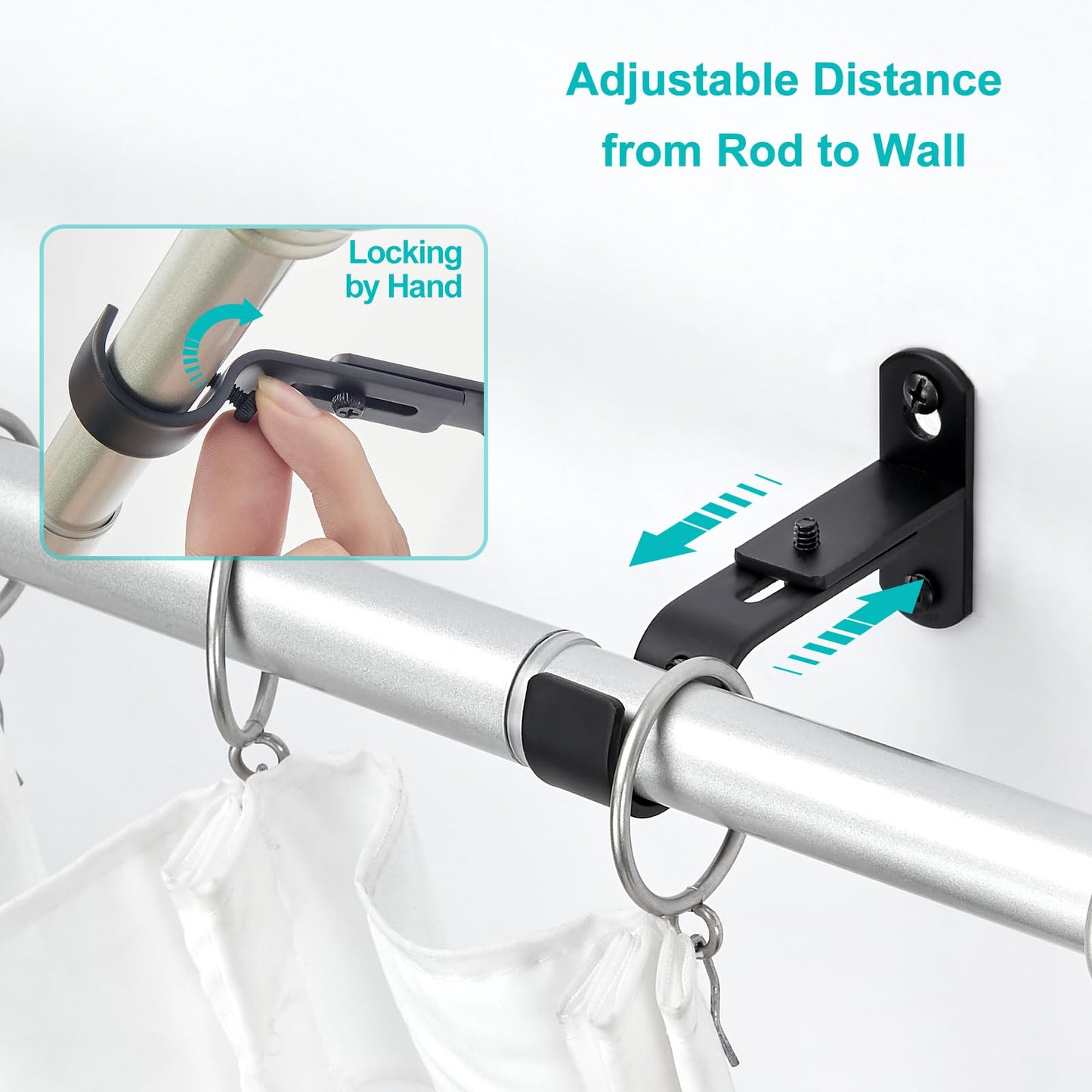 AMZSEVEN Adjustable Curtain Rod Brackets, Metal Window Drapery Rod Hanger Holders Hooks for 1 inch Rods (Black, Set of 2)