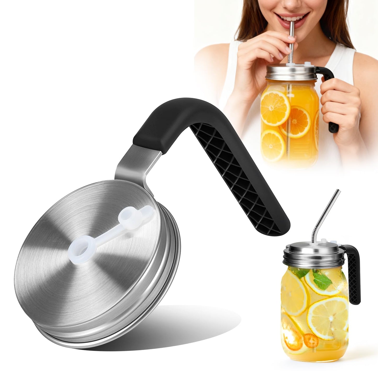 Palksky Mason Jar Lids with Straw Hole & Handle for Regular Mouth Jars, Leak-Resistant Drinking Lids with Extra Silicone Rings, Mason Jar Straw Lids for Iced Coffee, Lemonade, Juice (1 Pack)