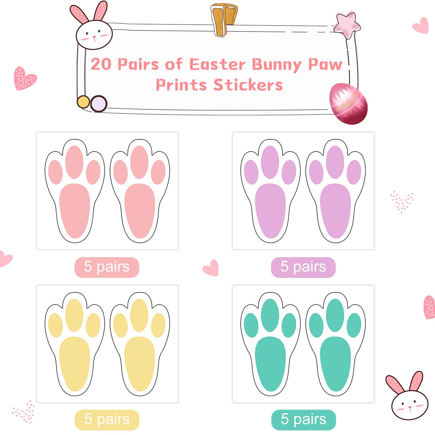 Zonon 20 Pairs of Easter Bunny Stickers Bunny Paw Prints Footprints Floor Clings Decals Rabbit Footprints Rabbit Paw Stickers for Floor Ceiling Window Wall Easter Day Party Supplies, 4 Colors