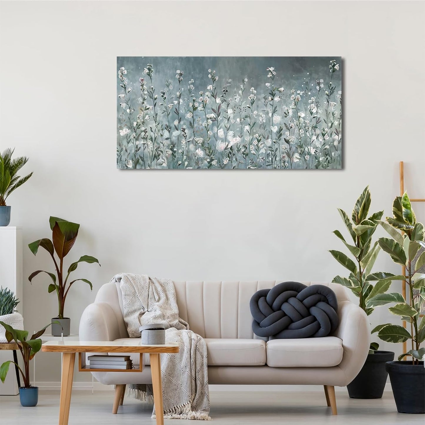 NINEASO Abstract Flower Wall Art - Elegant Translucent White Wildflowers | 20" x 40" Botanical Decor for Living Room & Office