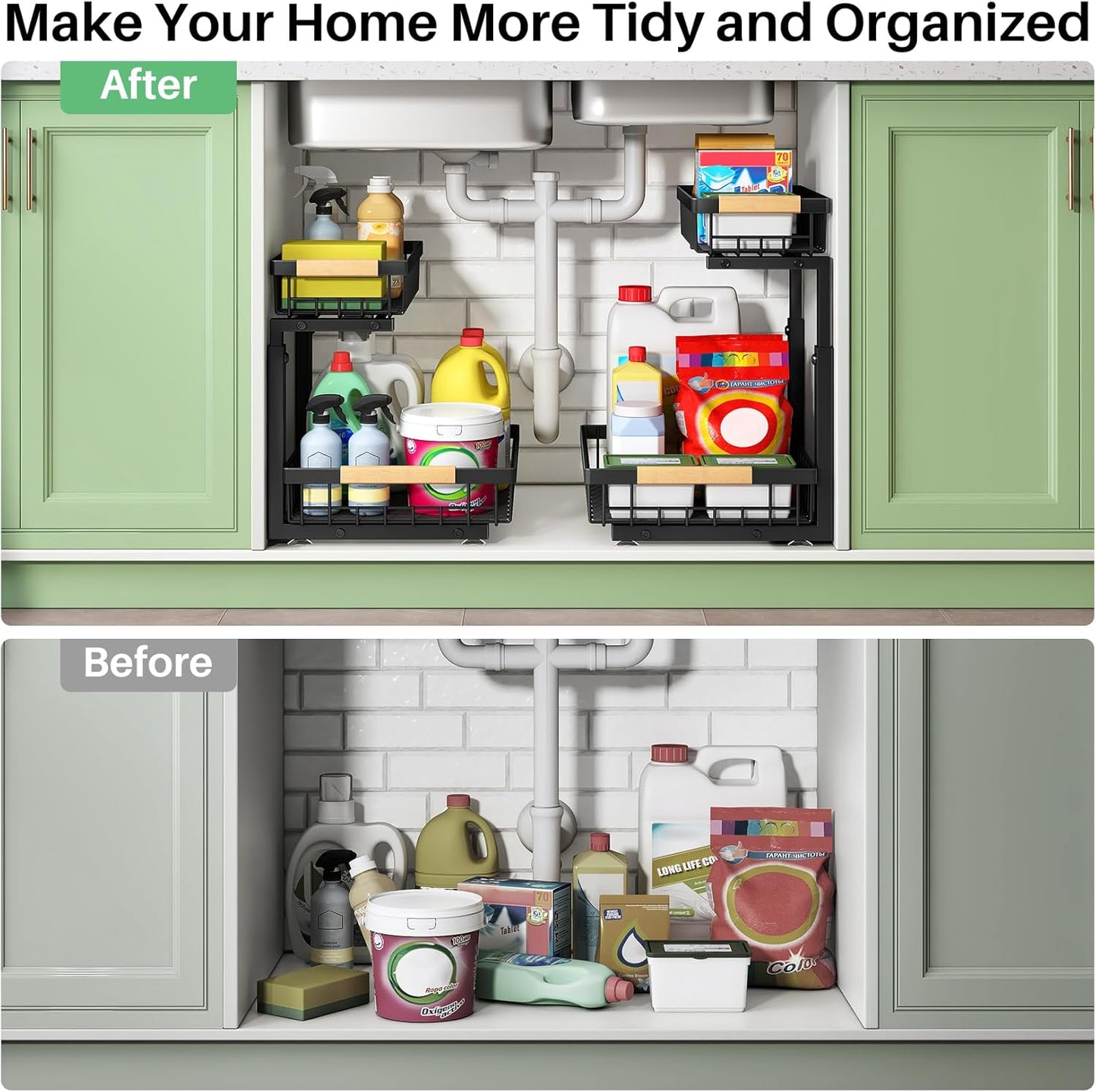 Kitstorack Under Sink Organizer - 2-Tier Metal Storage Shelf with Slide-Out Drawers | Black, 1 Pack