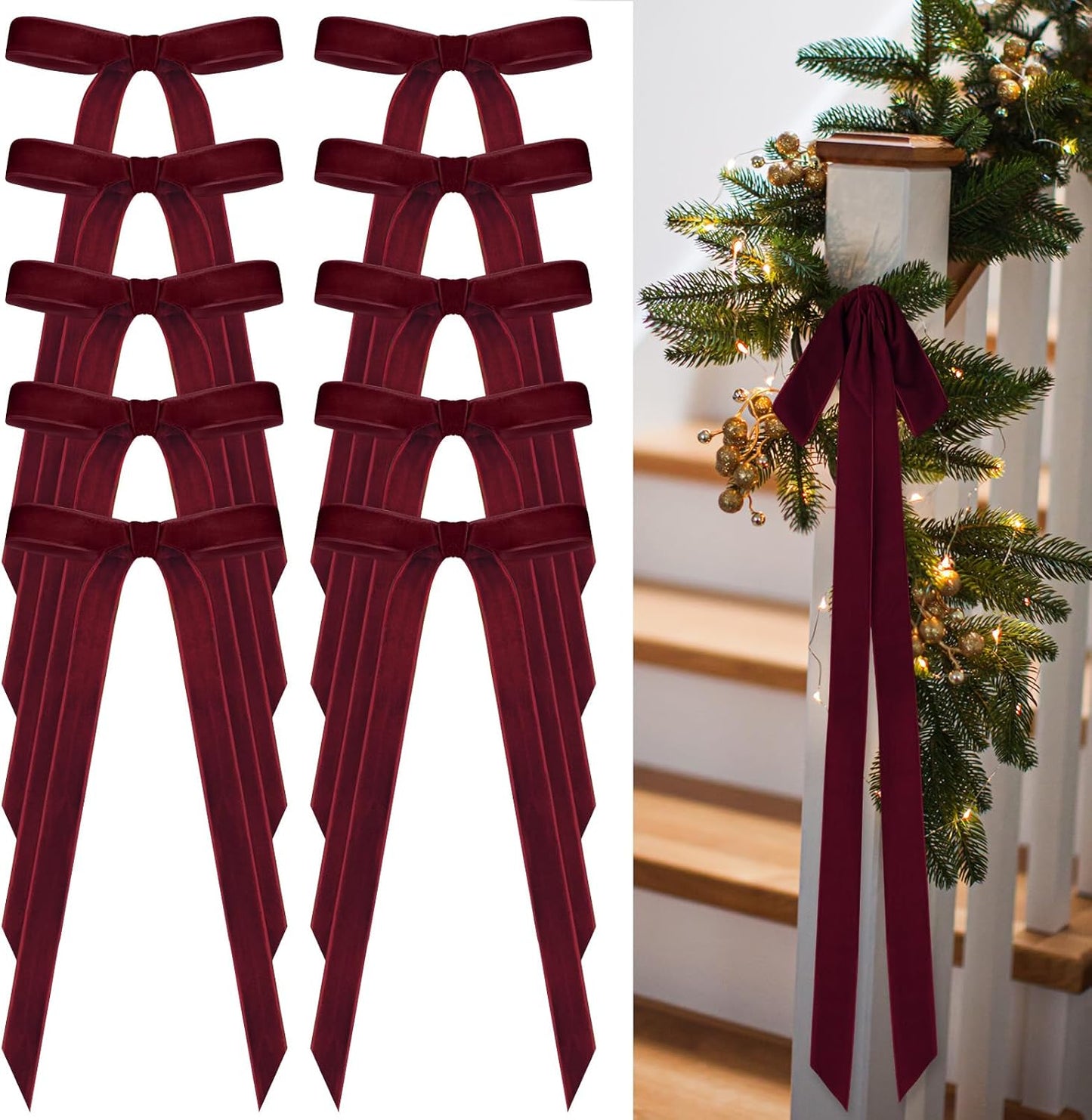 Regine Switzerland Velvet Bows - 24 Pcs Vintage Ribbon for Christmas Tree & Crafts | Burgundy (9 x 13 Inch, 1.5" Width)
