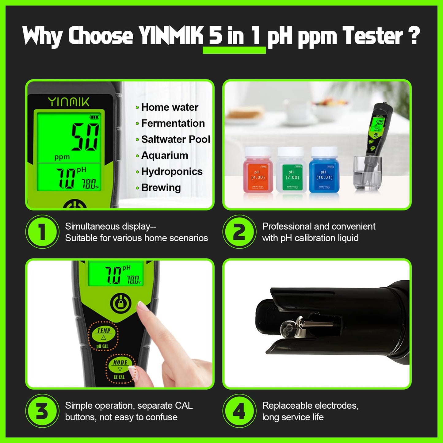 Pool Salt Tester, Digital 5 in 1 pH TDS EC Salinity Meter with Calibration Solution Kit, Simultaneous Display ppm pH for Saltwater Pool, Aquarium, Hot Tub, Spa, Hydroponics, Home Brew&Pickling