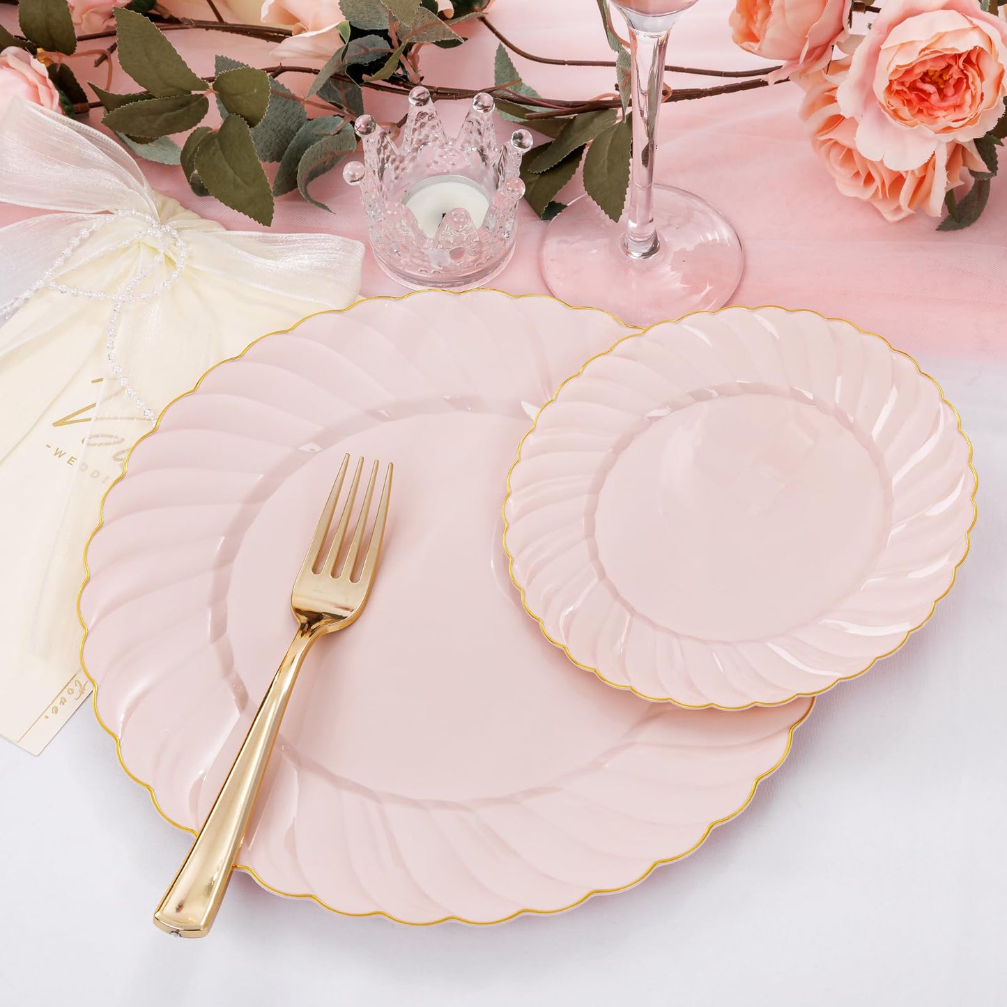 YOUBET 125Pcs Pink Plastic Plates with Gold Rim - Scalloped Plastic Plates Set Includes 25 Dinner, 25 Dessert Plate, 75 Gold Silverware for 25 Guests for Wedding Birthday Baby Shower Mothers Day