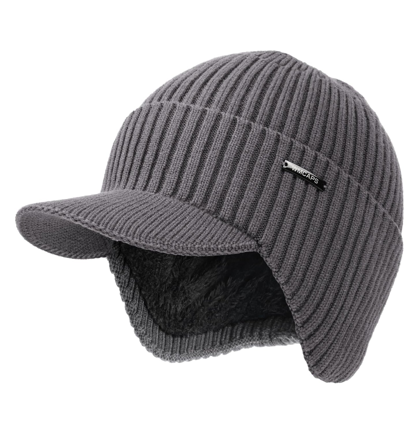Wmcaps Winter Beanie with Brim and Ear Flaps, Outdoor Warm Fleece Lined Knit Hat Stocking Caps for Men Women Charcoal Gray
