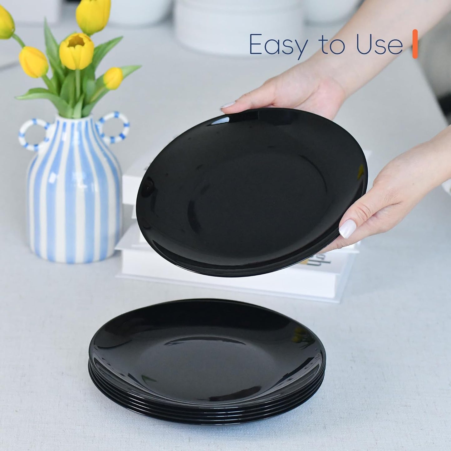 LaGlint 8.5-Inch Salad Plate Set of 6 | Lightweight Opal Glass Black Plates | Dishwasher & Microwave Safe
