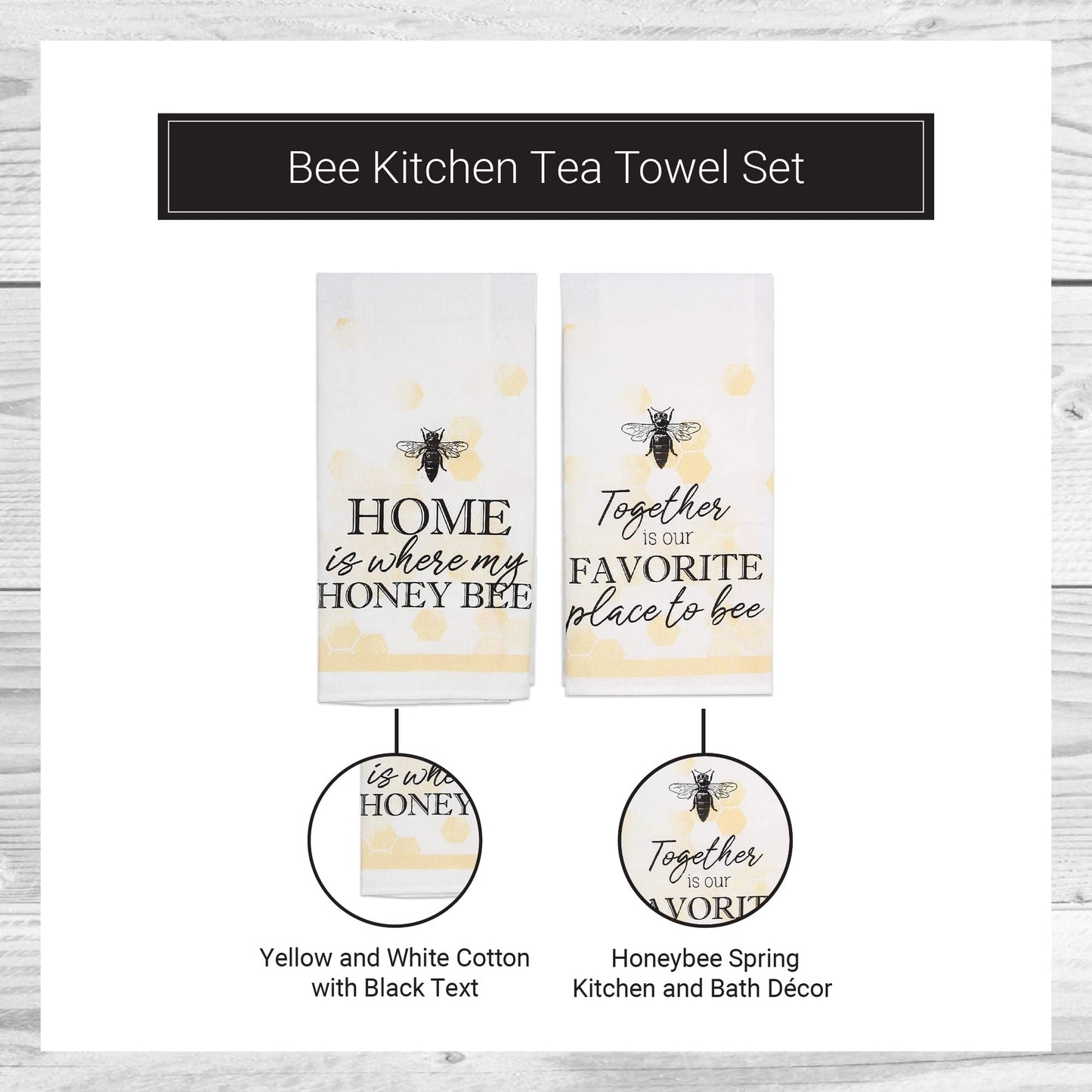 Young's Inc. Cotton Dish Towels - Set of 2 - Absorbent Tea Towels for Drying Dishes, Glassware, and Hands - Spring Bathroom and Kitchen Decor - Honey Bee