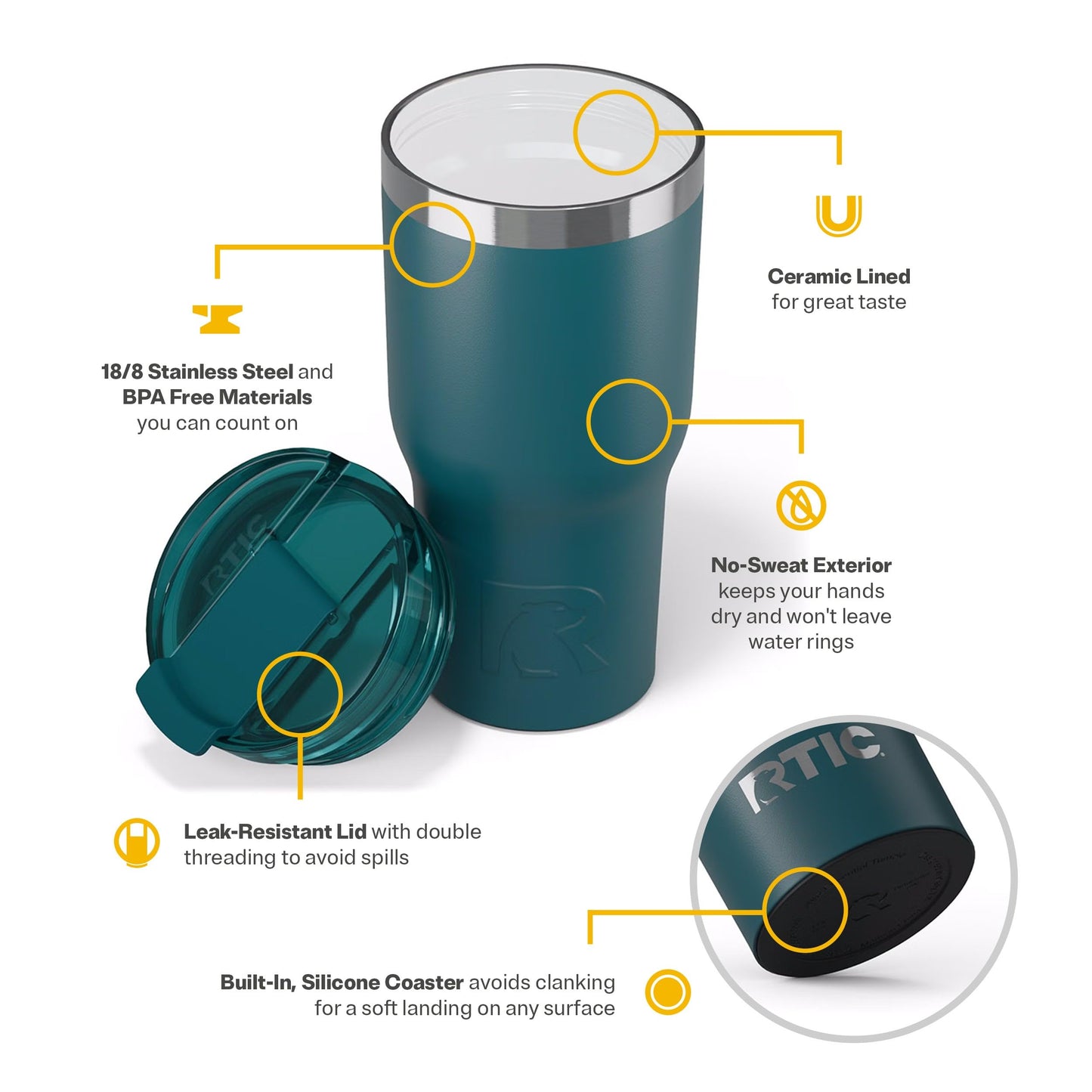 RTIC 20oz Essential Tumbler with Lid, Ceramic Lined, Insulated, Stainless Steel, Metal, Double Wall Vacuum-Insulation, Travel Cup for Iced Coffee, Tea, Hot and Cold Drink, Deep Harbor