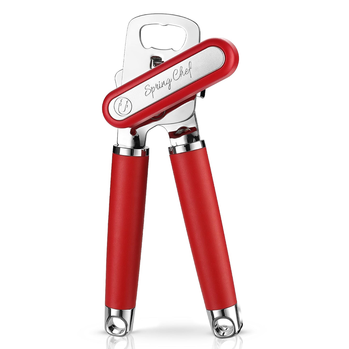 Spring Chef Stainless Steel Can Opener - Manual with Soft Grip Handles, Easy Turn, Heavy Duty Hand Can Opener for Seniors with Smooth Edge - Red