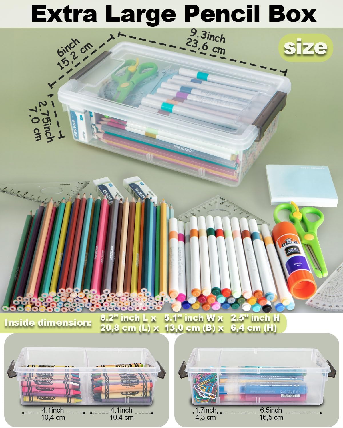 Skiennix Extra Large Pencil Box - Clear Stackable Organizer with Removable Divider | 6 Pack, Grey