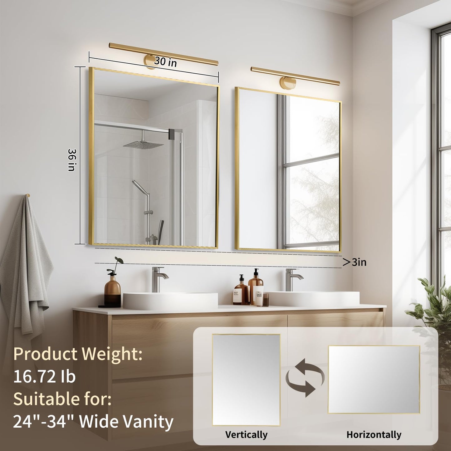 CLBA Brushed Gold Mirror, 30x36 Inch Aluminum Framed Square Corner Wall Mirror for Over Sink, Vanity, Horizontal/Vertical