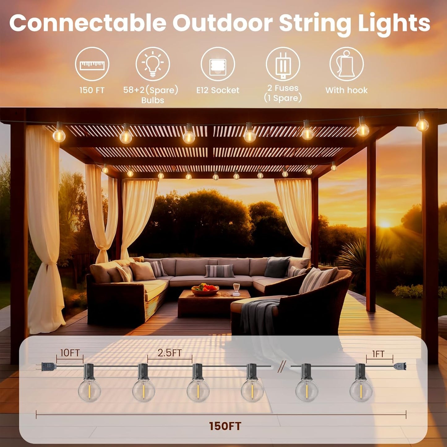 RTTY Outdoor String Lights - 150 FT Waterproof G40 LED Bulbs | Dimmable Globe Lighting for Patio, Bistro, Backyard, Cafe, Warm White