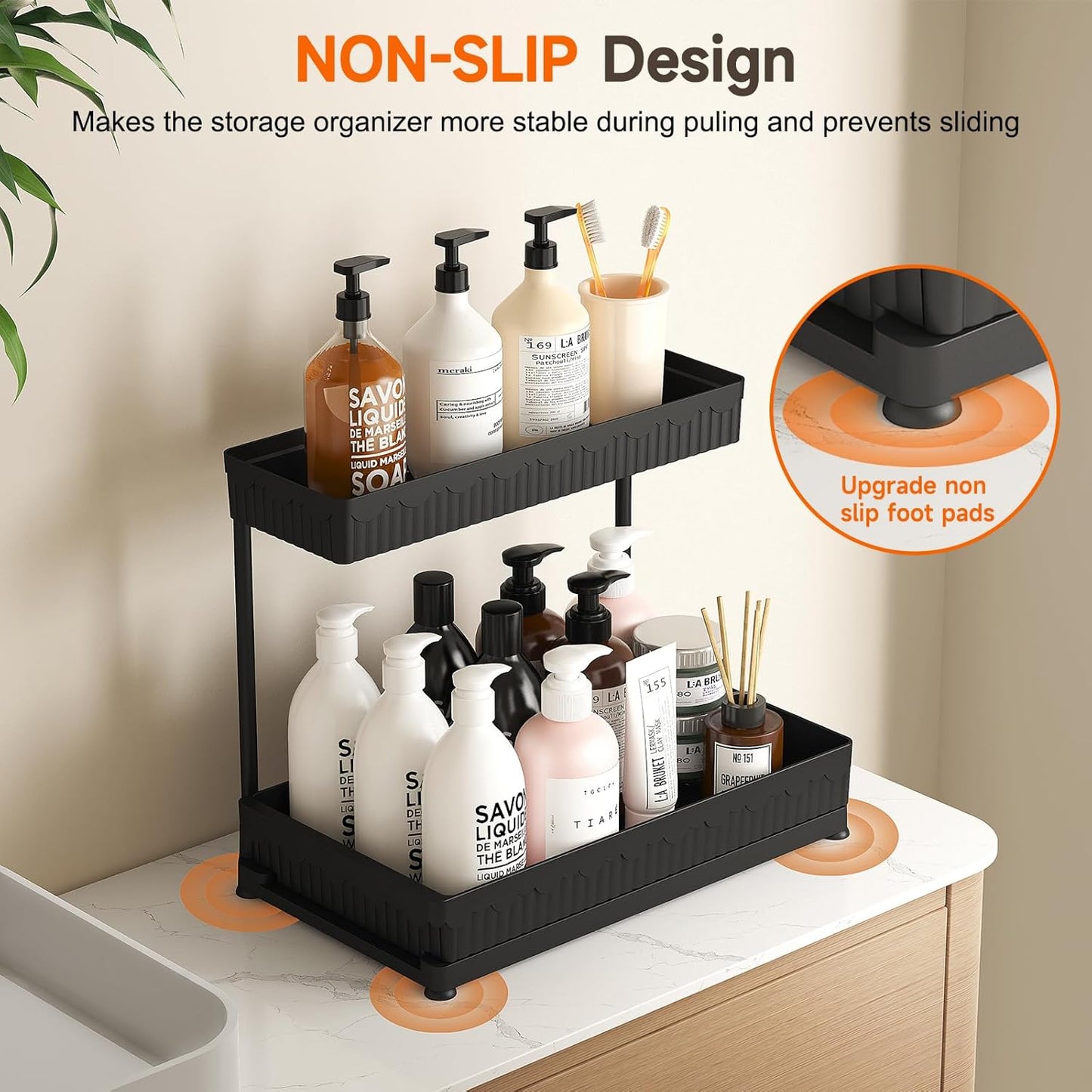 Sevenblue Multi-Purpose Pull-Out Storage Organizers - 2-Tier L-Shaped Under Sink Solution | Black, 12.8 Inches