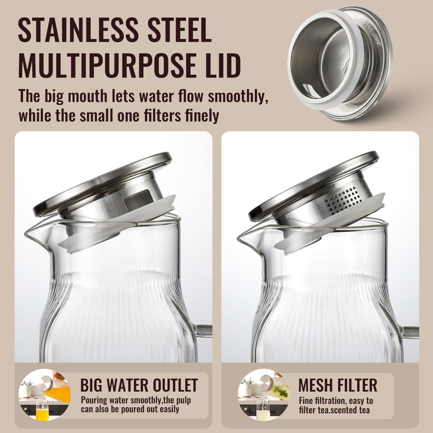 Snuvid 2 Pack 2 Liter/68 oz Square Glass Pitcher with Lid, Classic Stripes Water Pitchers with Handle for Fridge, Large Jug for Iced Tea, Borosilicate Glass Carafe for Hot/Cold Brew Drink, Silver