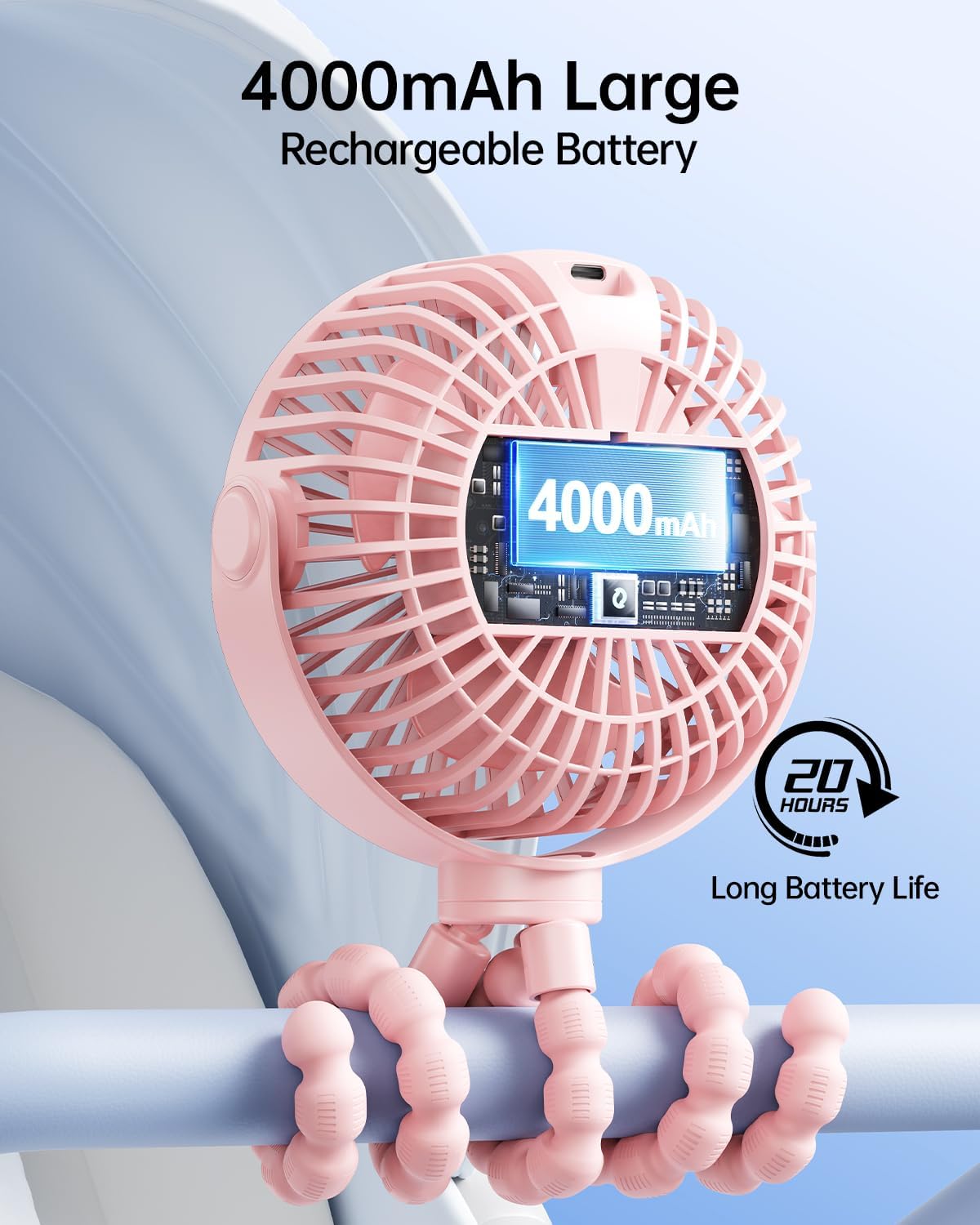 Sweetfull Portable Stroller Fan - 4-Speed Rechargeable Mini Clip-On Fan with LED Display | Pink