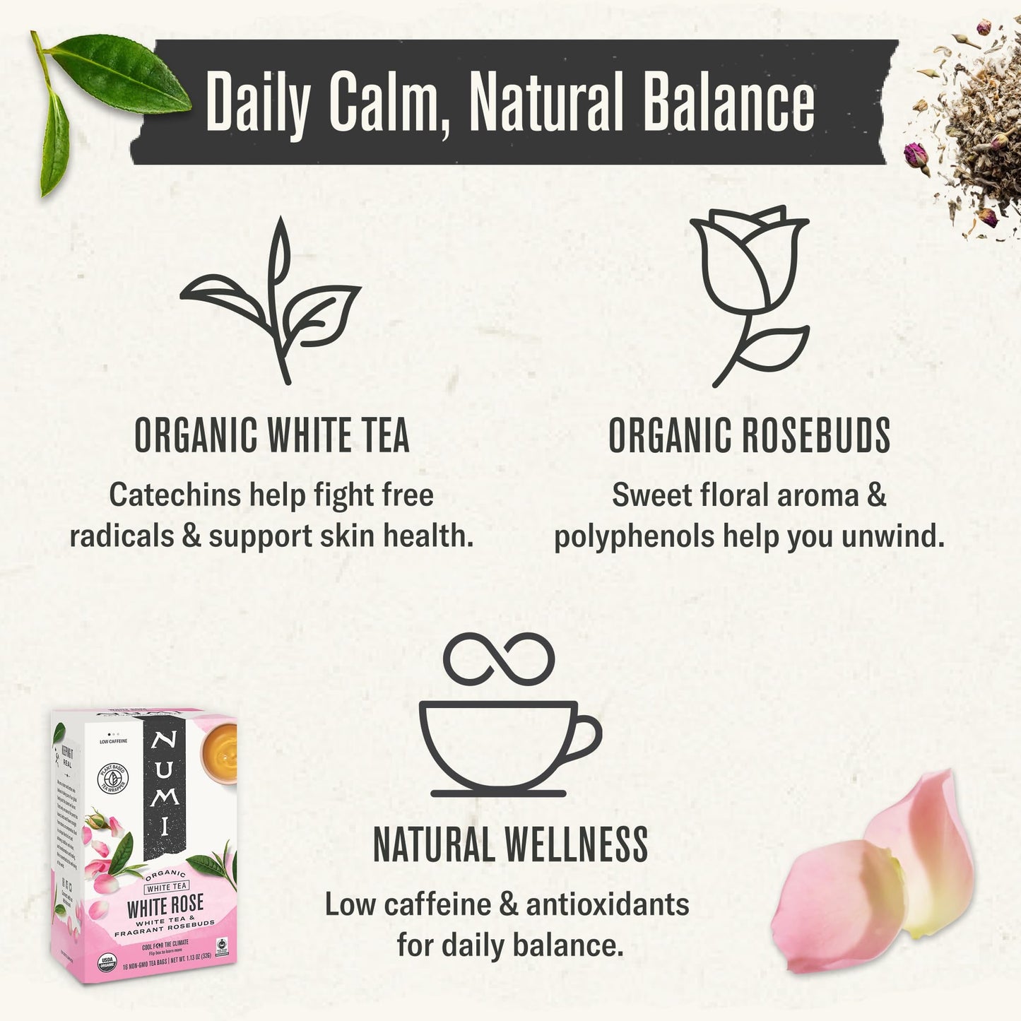 Numi Organic Tea White Rose, 16 Count Box of Tea Bags (Pack of 3) White Tea