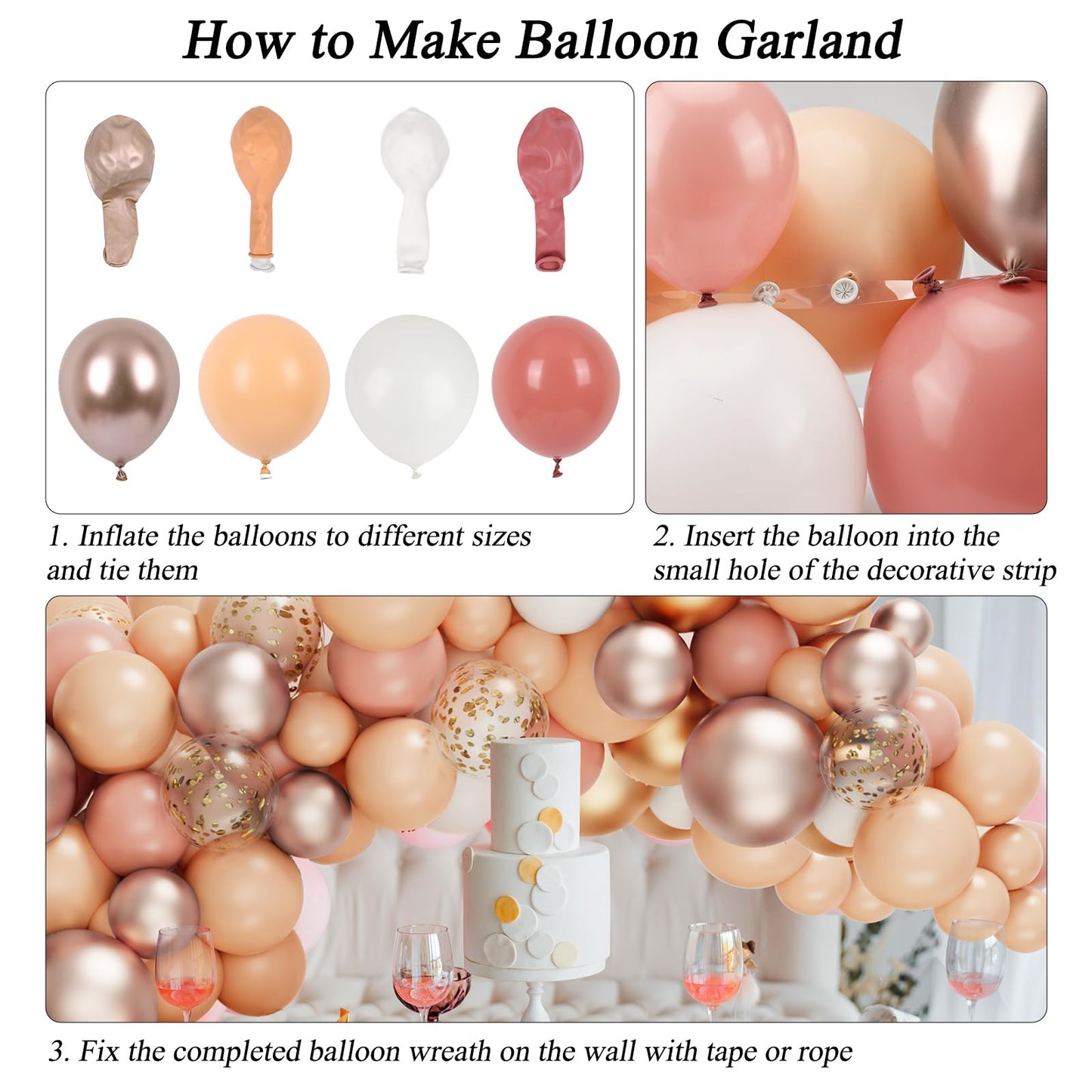 RUBFAC 130pcs Blush Pink Balloon Garland Arch Kit, Dusty Pink Peach Rose Gold White Balloon Garland Kit for Party Birthday Girl Baby Shower Boho Party Decorations