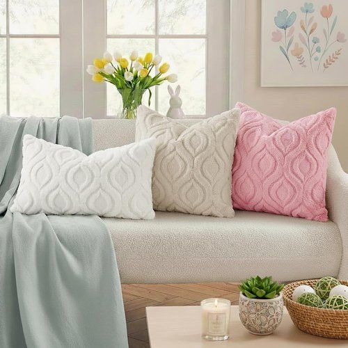 decorUhome Throw Pillow Covers - Soft Plush Faux Wool Beige | Set of 2, 18x18 Inch Square Accent Pillows for Living Room