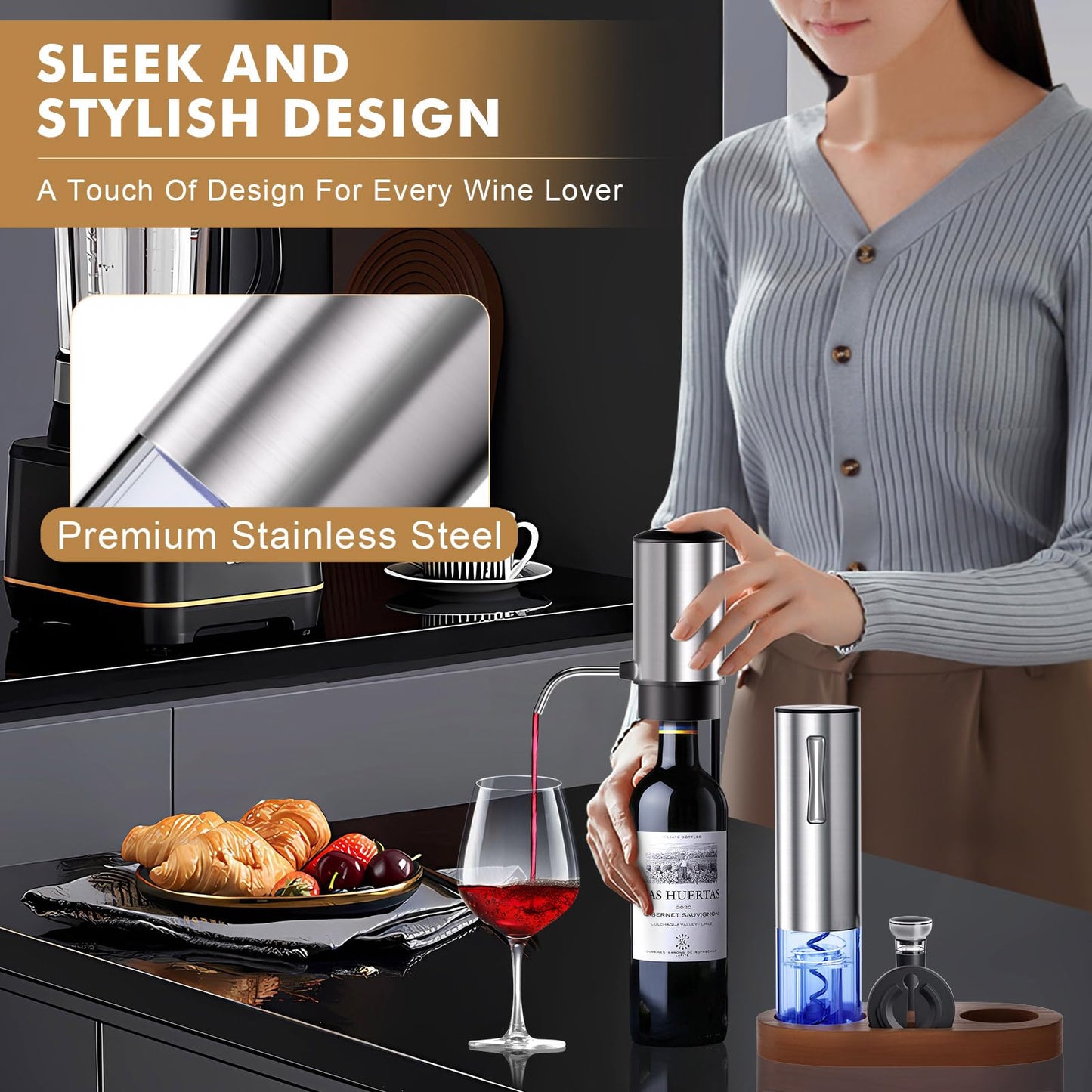 Rechargeable Electric Wine Opener 5-In-1 Set, Stainless Steel Automatic Wine Opener with Electric Wine Aerator, Foil Cutter, Wine Stopper & Base, Elegant Gift Box for Birthday, Housewarming, Christmas