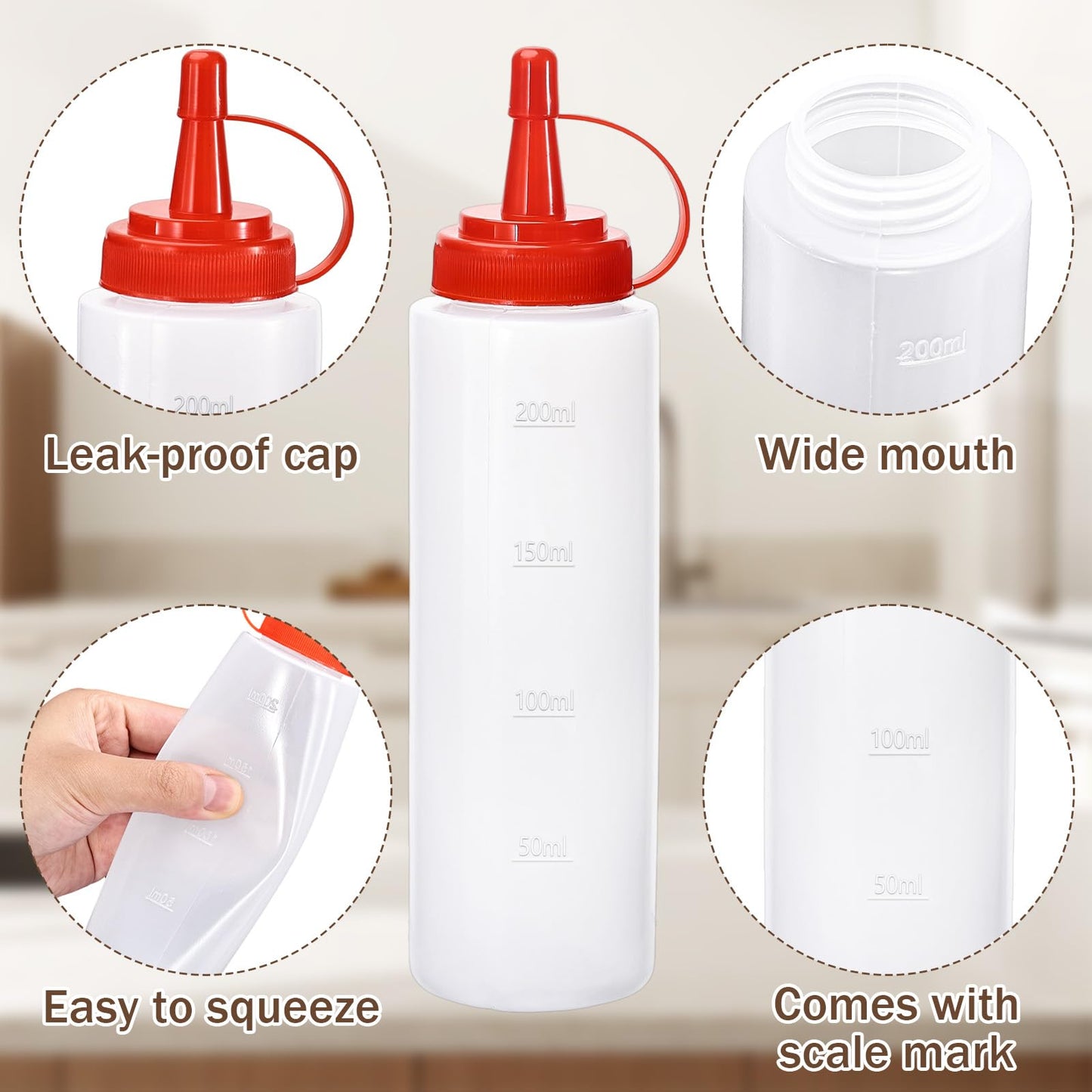 Katfort Condiment Squeeze Bottles Ketchup Dispenser, 2 Pack 8oz Squeeze Bottles for Liquids, Plastic Sauce Bottle with Cap Lid, Squirt Bottles for Sauces Liquids BBQ Dressing Pancake Art