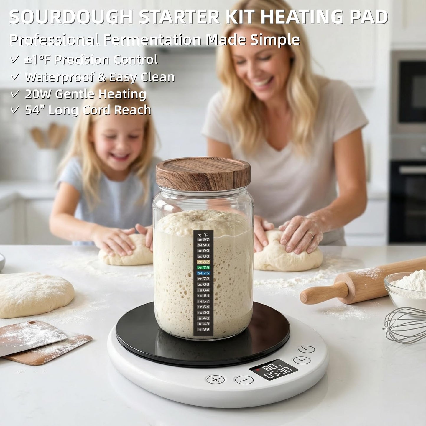 amhshkou Sourdough Starter Warmer - Professional 1°F Precision, 24H Auto Shutdown Timer, Delayed Start, 4.9" Surface for Perfect Fermentation (White)