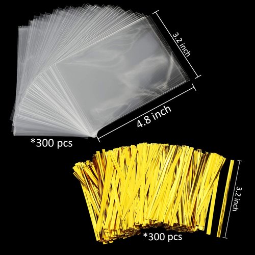 Augshy Cake Pop Bags, 300 Pcs Cellophane Treat Bags 3x5 with 300 Twist Ties 1.4 mils Thickness OPP Plastic Bags for Lollipop Candy Chocolate Cookie Wrapping Buffet