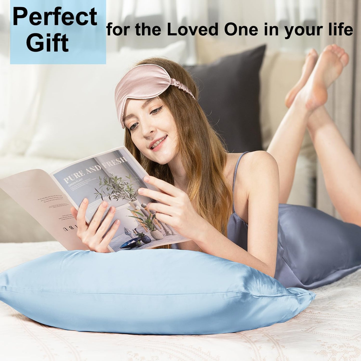 Ravmix Silk Pillowcase - 21 Momme Mulberry Silk for Hair & Skin Health | Soft & Breathable Queen Size (Light Blue)
