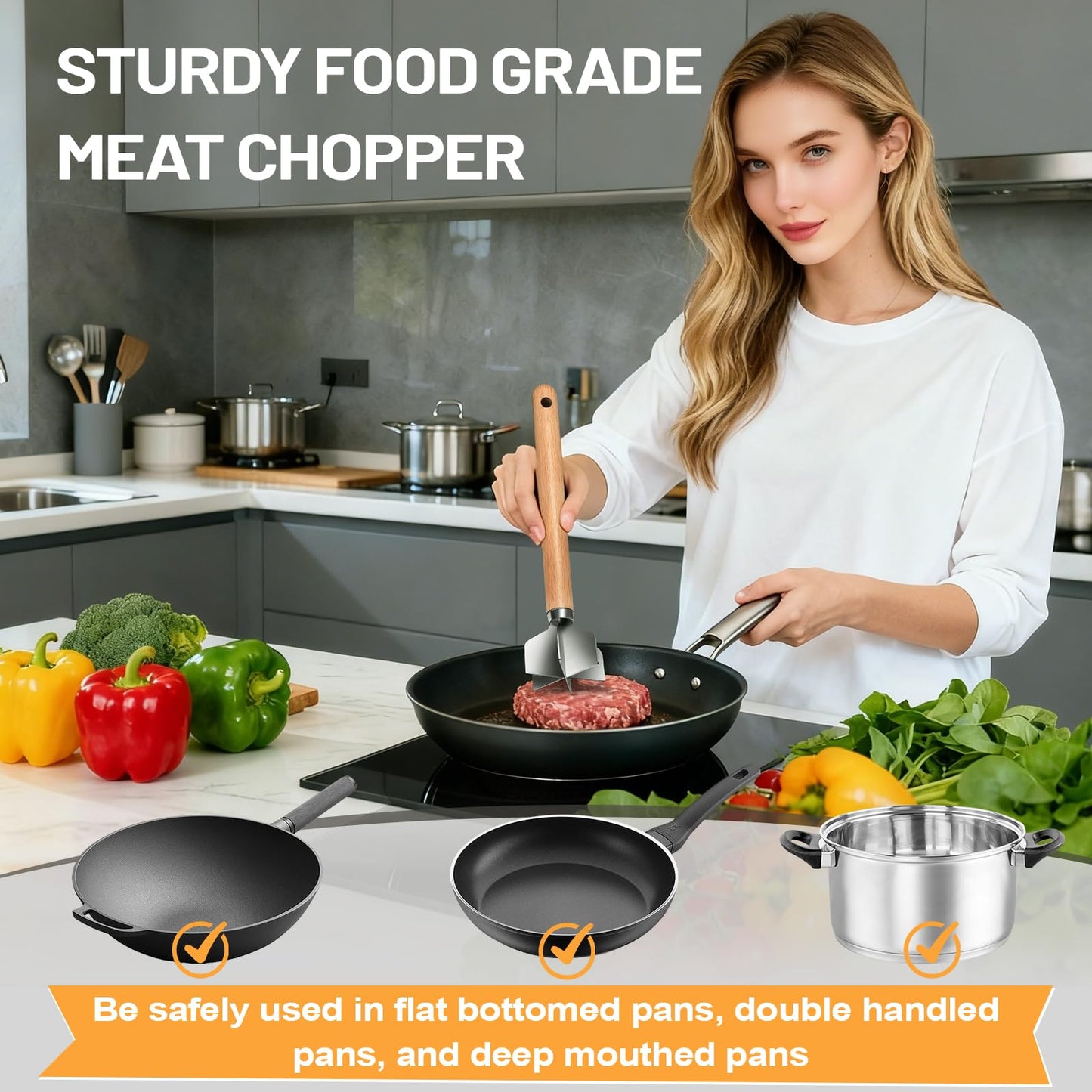 11 inch Stainless Steel Meat masher with 6 Blades, Metal Potato Masher, Ground Beef chopper tool, Suitable For Making Ground meat, Mashed potatoes, Jam and more（one pack)