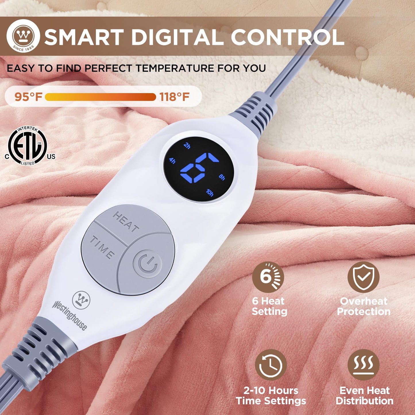 Westinghouse Heated Blanket Throw, Soft Flannel to Sherpa Electric Blanket with 10 Heating Levels, 12 Hours Auto Off, Fast Heating, Machine Washable, 50x60 Inch, Pink