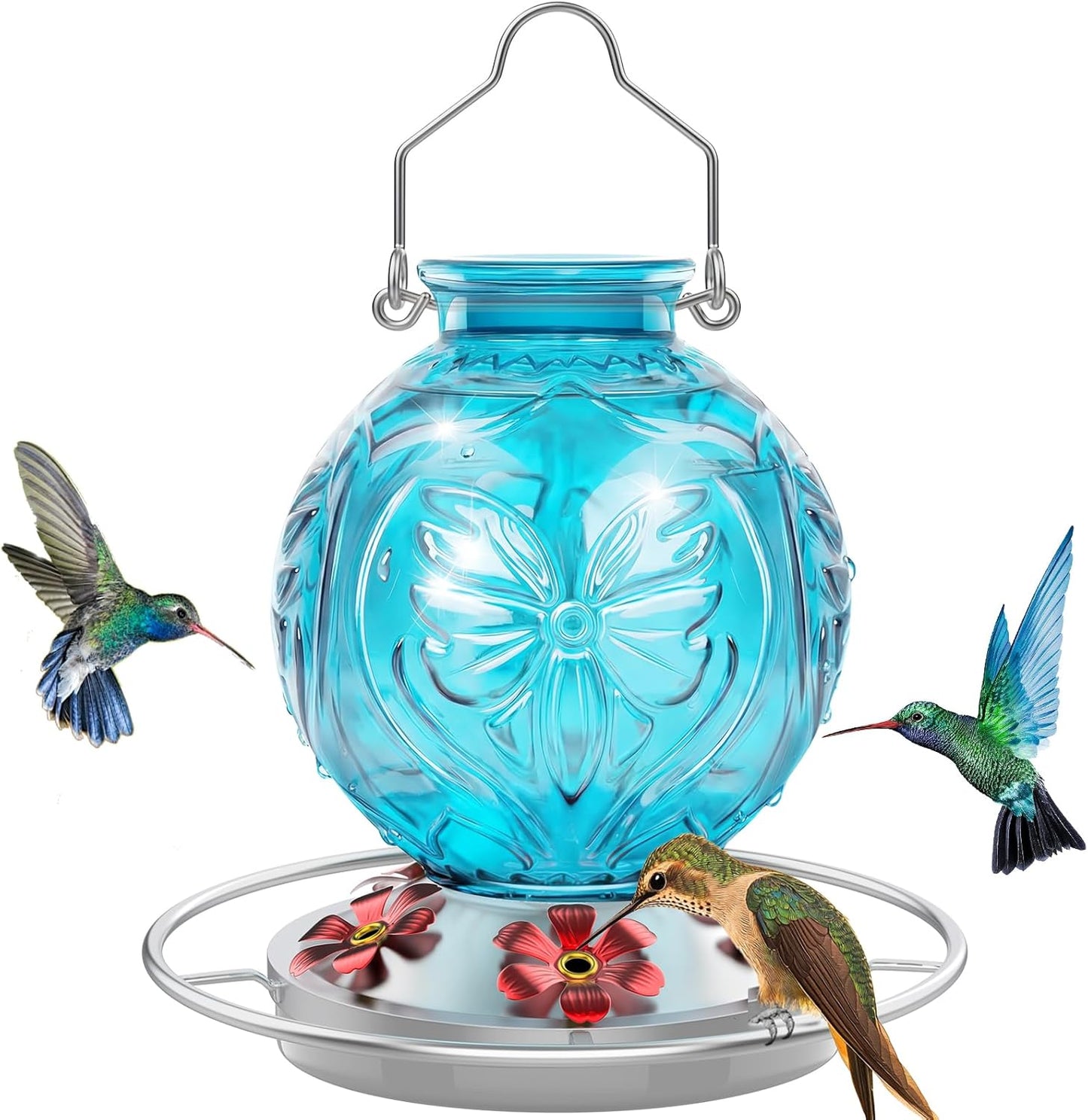 Skiennix Glass Hummingbird Feeder - 25 Oz Leak-Proof Outdoor Nectar Feeder with 5 Flower Ports | Blue