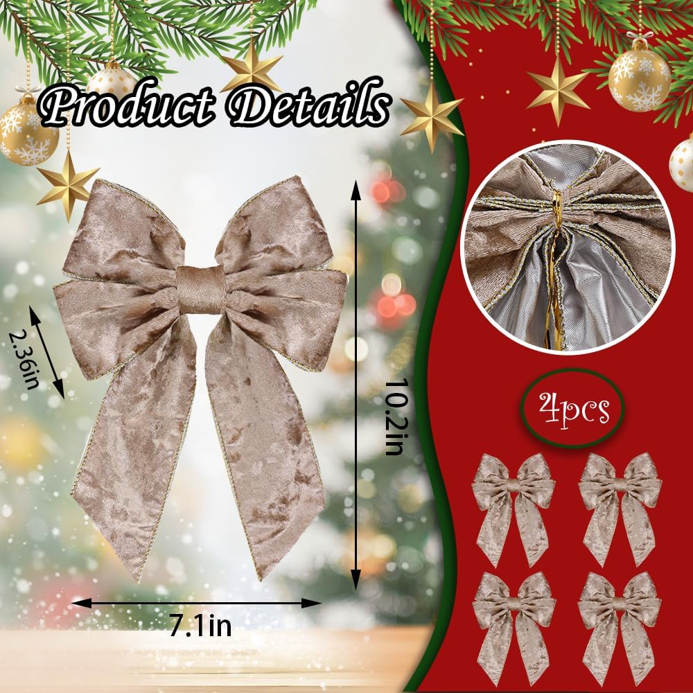 Regine Switzerland Christmas Wreath Bows - 4-Piece Set | 7.0 x 10.2 Inches, Champagne Farmhouse Design for Holiday Decor
