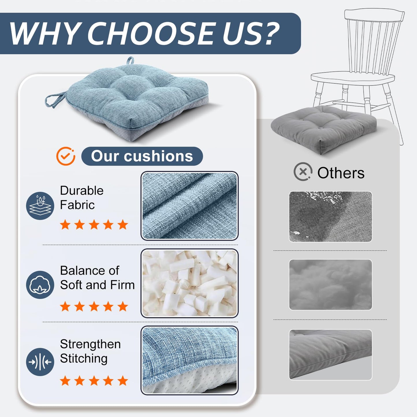 Basic Beyond Chair Cushions for Dining Chairs 4 Pack, Chair Cushion with Ties and Non Slip Backing, 15.5 x 15.5 inches Tufted Chair Pads for Dining Chairs(Baby Blue)