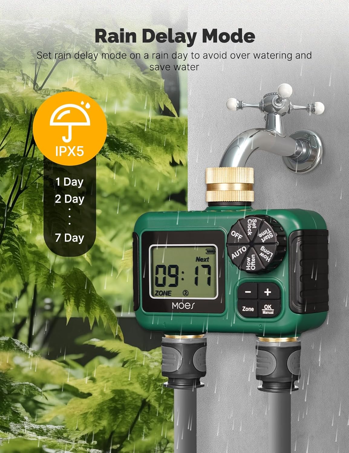 MOES 2-Zone Sprinkler Timer - Programmable Automatic Irrigation Controller with Brass Inlet & Outlet