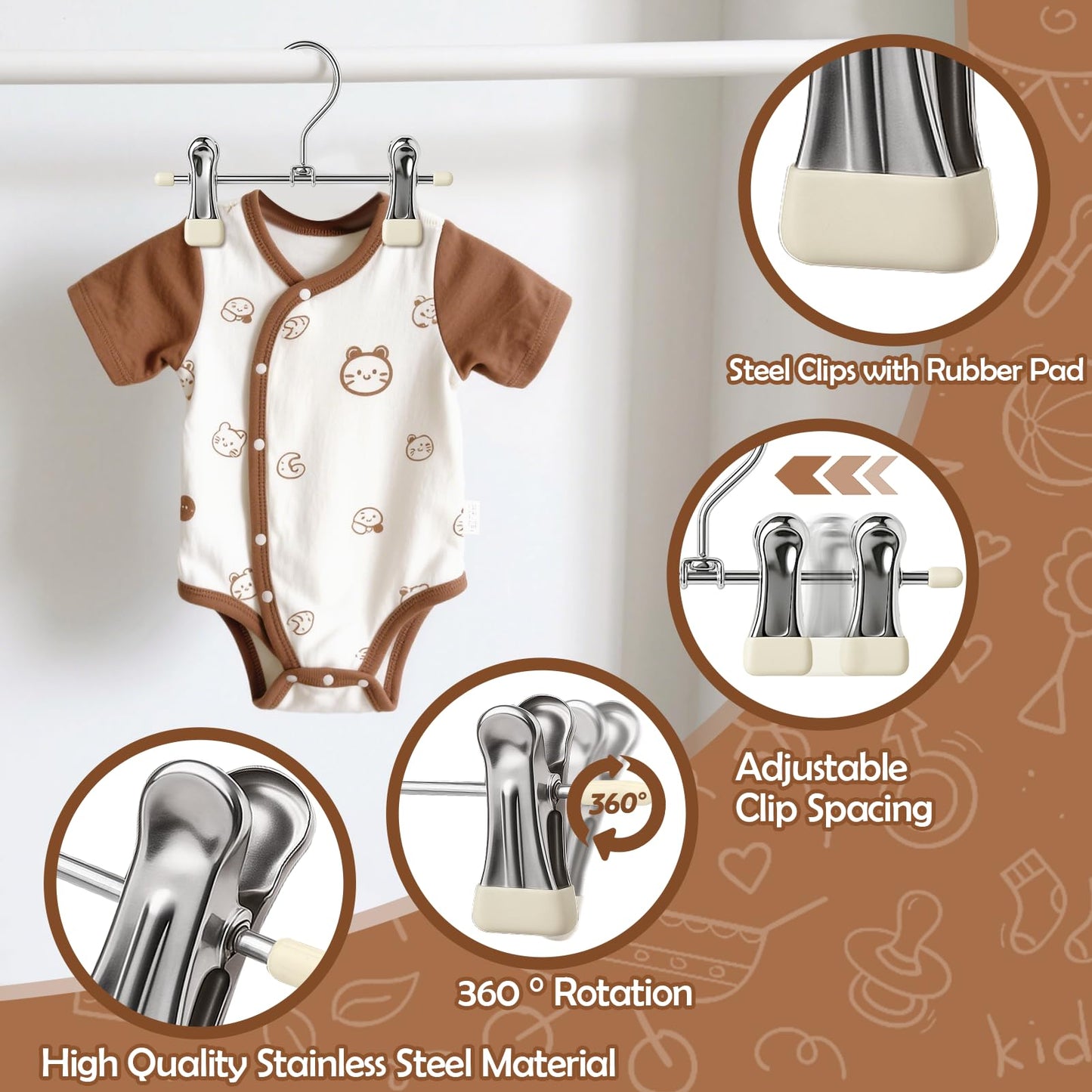 Mity rain20-Pack Baby Hangers - 360° Rotatable Silicone Clip Kid Hangers, Space-Saving Toddler Hanger,Premium Stainless Steel, Ideal for Newborn & Children Wardrobe Organization.