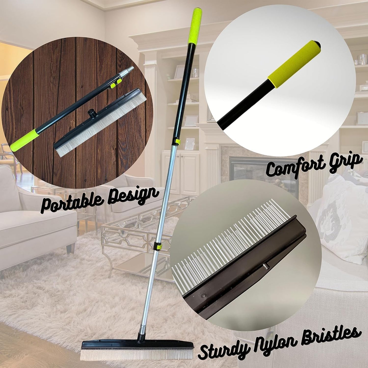 Room Groom Carpet Rake Set (Original and PET) Telescoping 54" Adjustable Handle, Portable Design, Carpet Brush for Pet Hair, Refreshing High Pile Carpets and Artificial Turf, (Pack of 2)