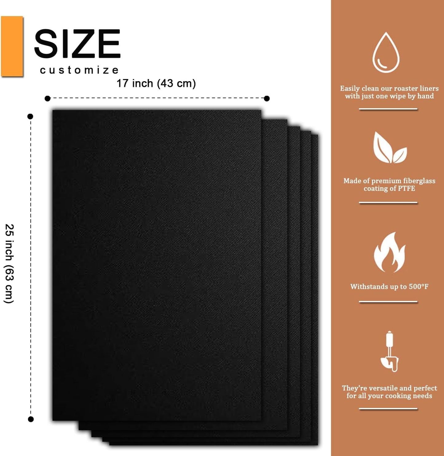 Skiennix Oven Liners - Heavy Duty Non-Stick Mats, 17”x25” | 5 Pack for Easy Oven Cleaning - Black